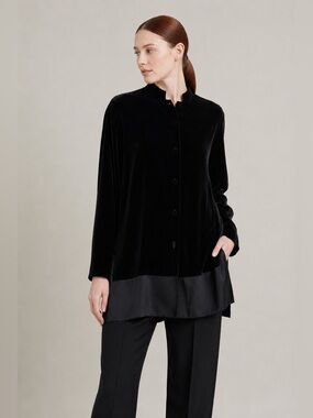 CASUAL CORNER | Vintage Black Silk Velvet Collarless Blouse